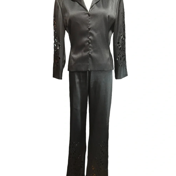 KM Collections By Milla Bell Black Satin Punch Hole Pantsuit Bell Bottoms Prom - Picture 3 of 11